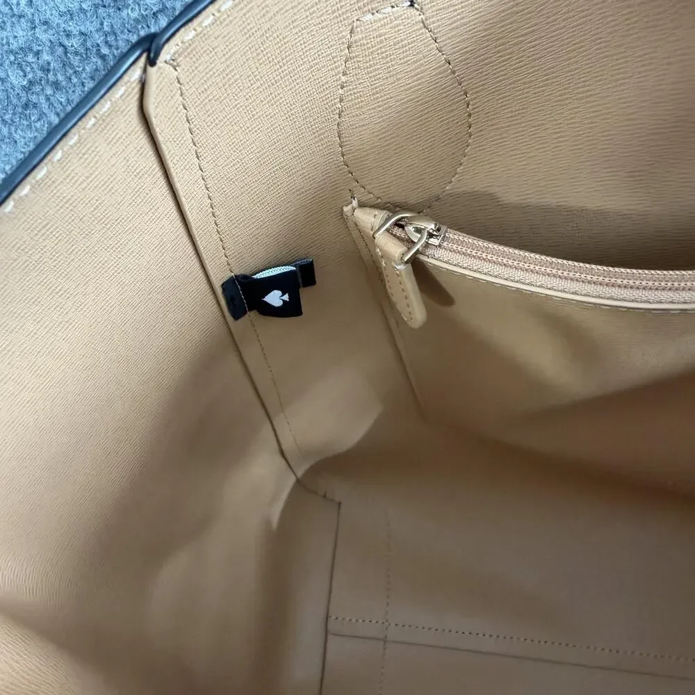 Kate Spade Poppy Large Black Leather Tote Bag Beige Lining Work Office Travel